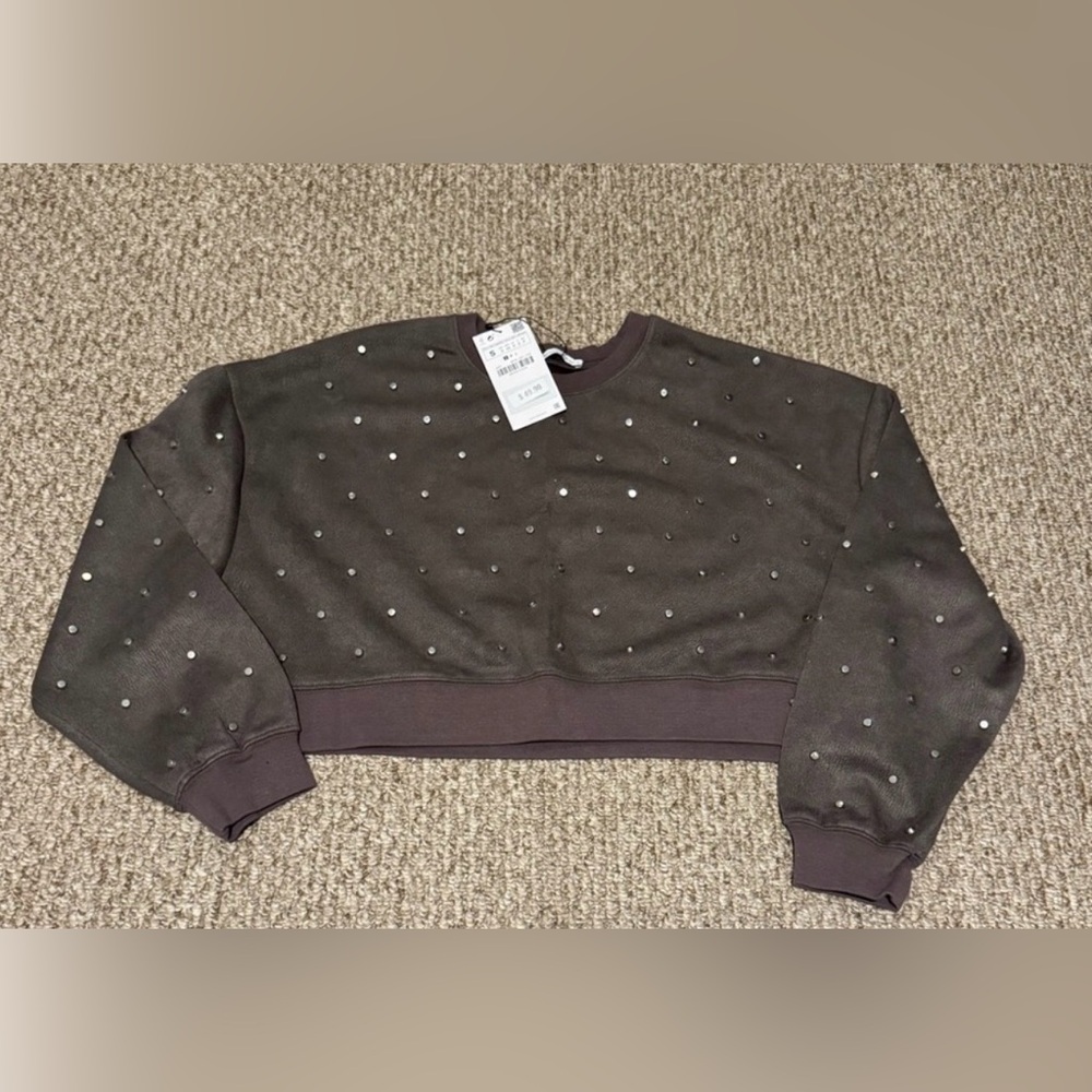 ZARA Brown Cropped Sweatshirt with Silver Studs NWT